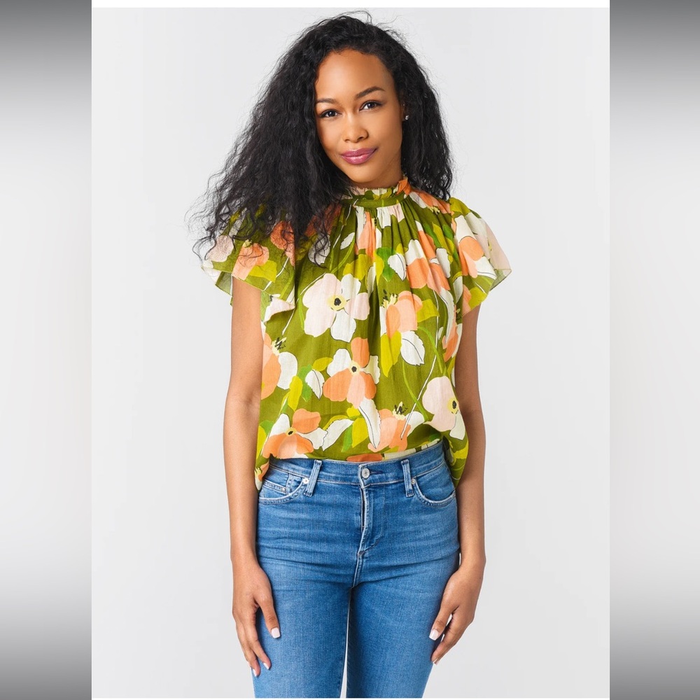 Trovata Carla Top Olive Peach Floral Ruffled High-Neck Flutter Sleeve Blouse Sm
